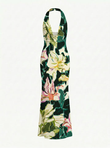 LILA Floral Print Cowl Neck Bodycon Midi Dress