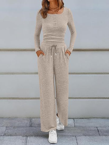 Cozy Button Henley Wide Leg Set