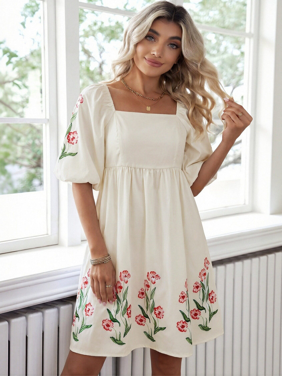 Floral Embroidered Puff Sleeve Mini Dress