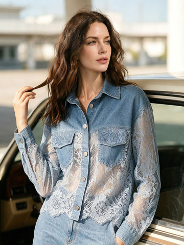 Sheer Lace Patchwork Denim Jacket