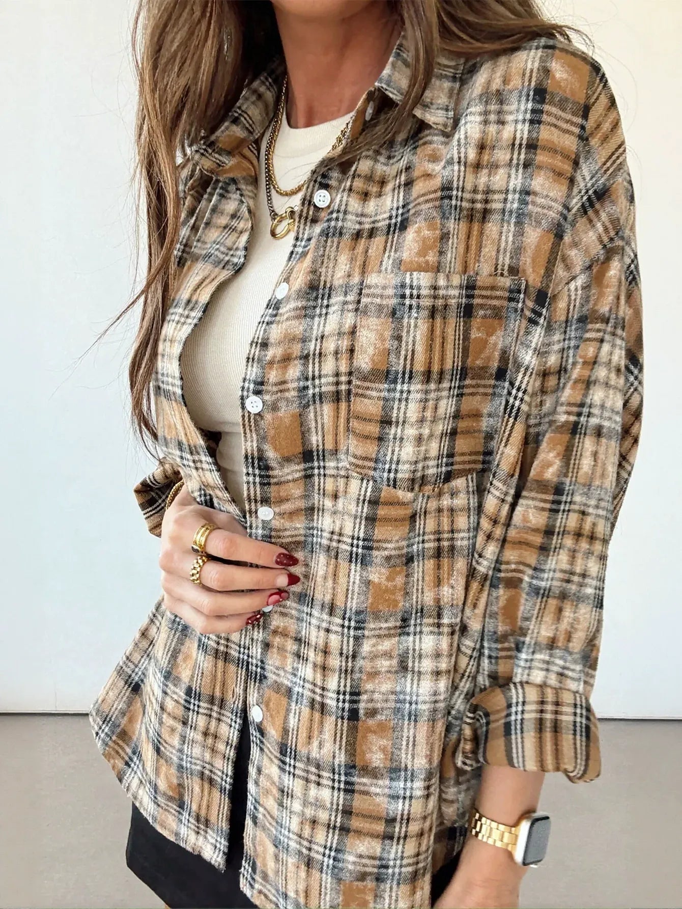 Oversized Distressed Plaid Button Up Shirt