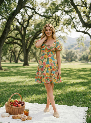 Floral Print Puff Sleeve Tiered Mini Dress