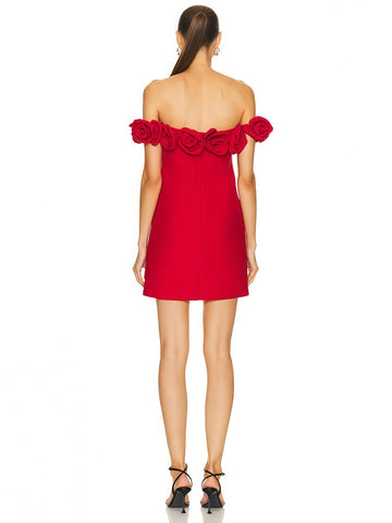 Off Shoulder Rose Applique Mini Dress