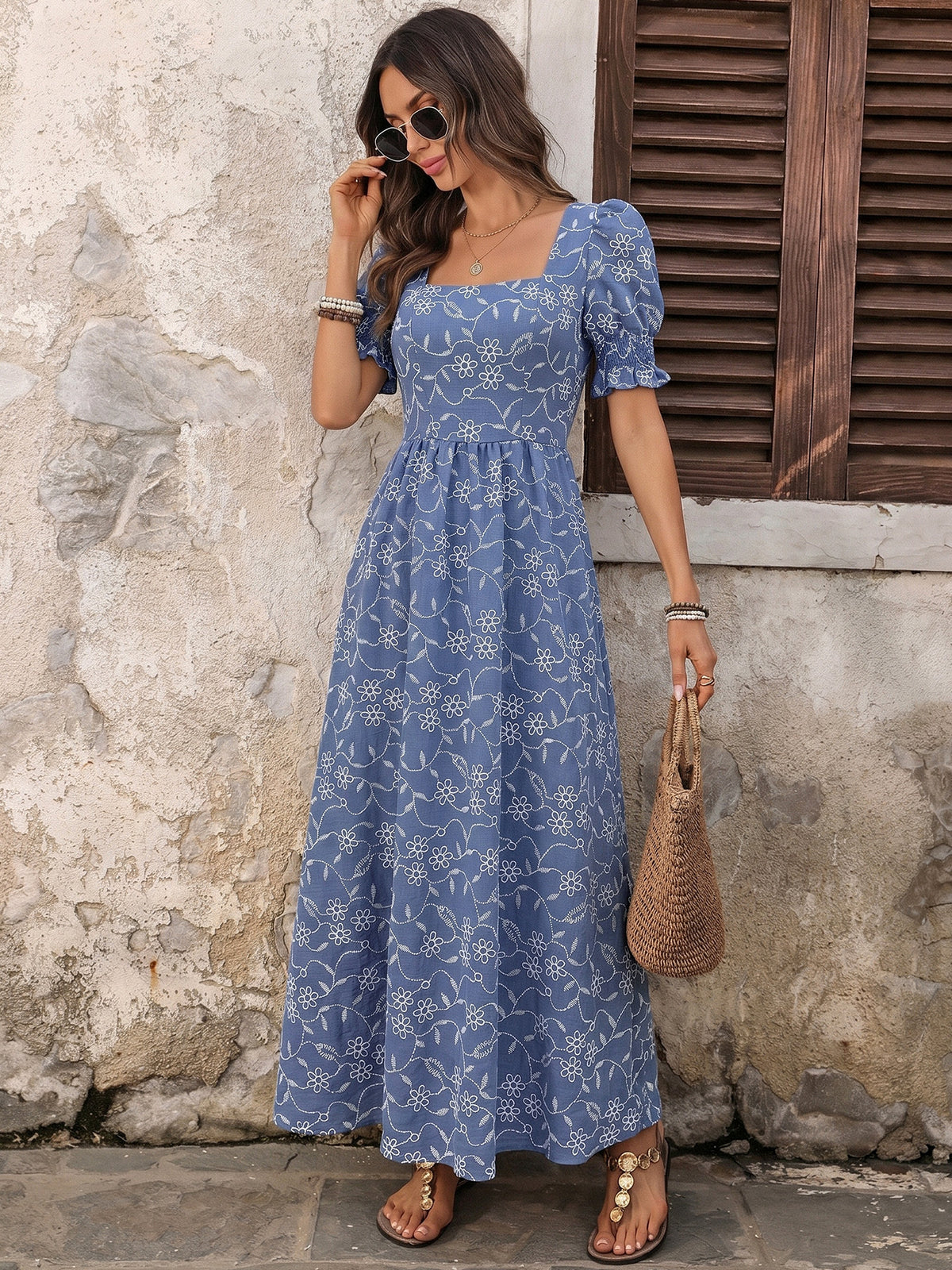 Floral Embroidered Puff Sleeve Maxi Dress