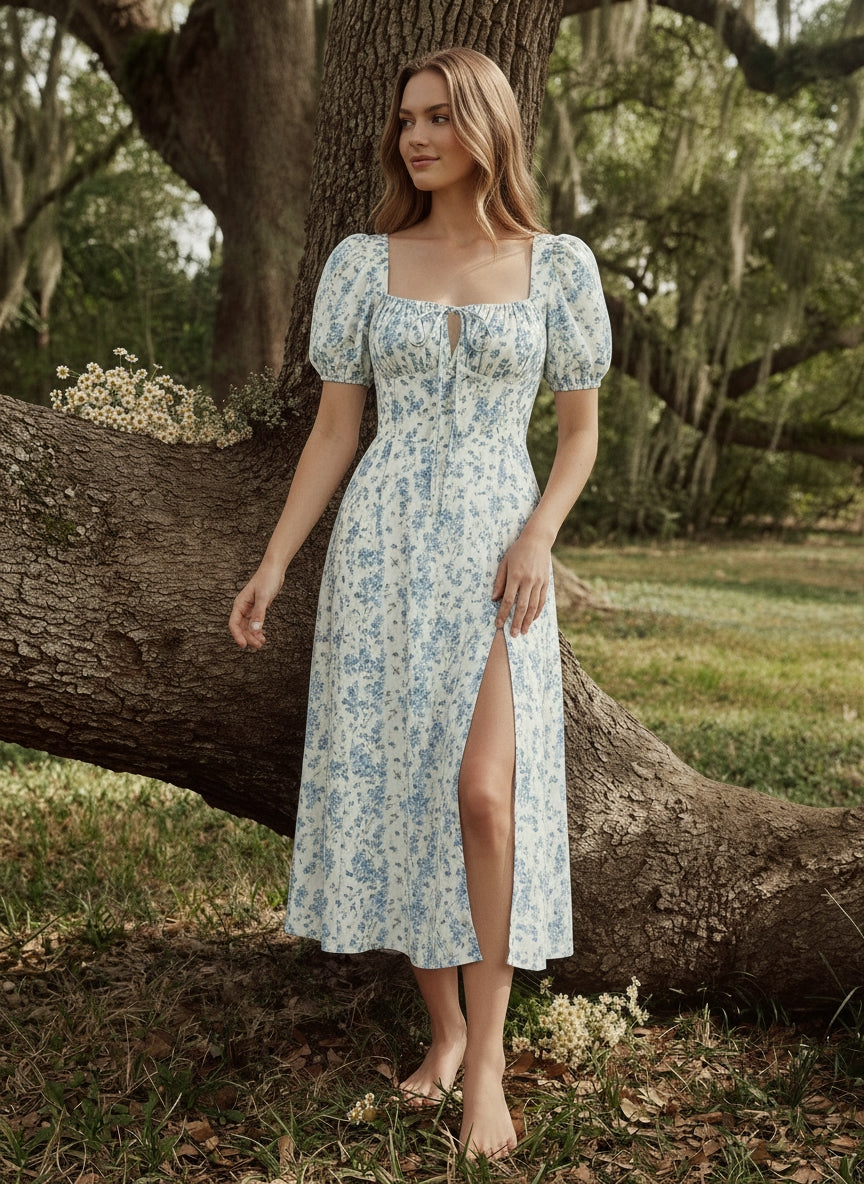 Floral Print Puff Sleeve Tie MidiDress