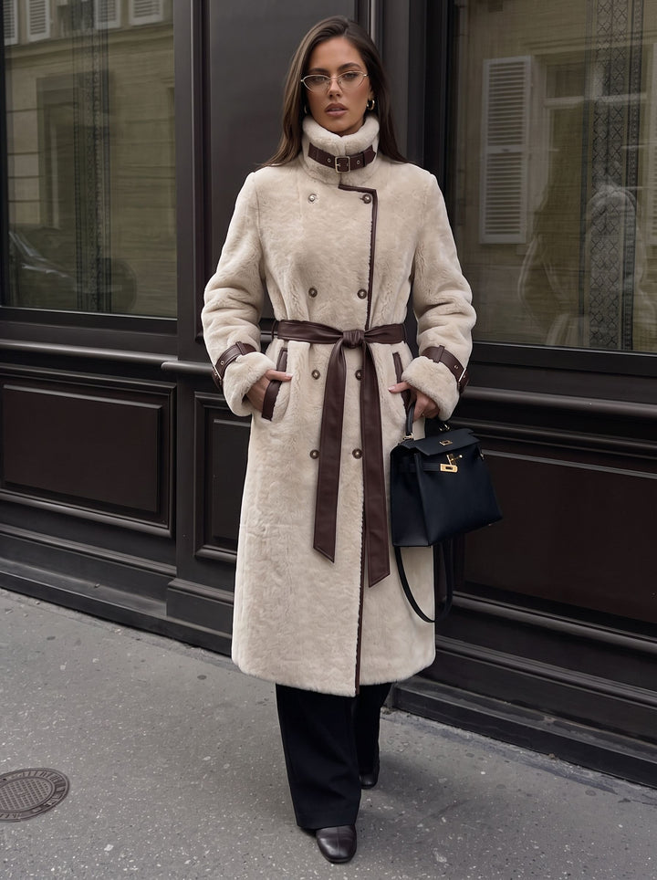 Elegant Belted Shearling Fur Coat