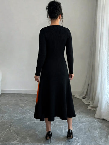 Ribbed Colorblock Pleated Midi Dress