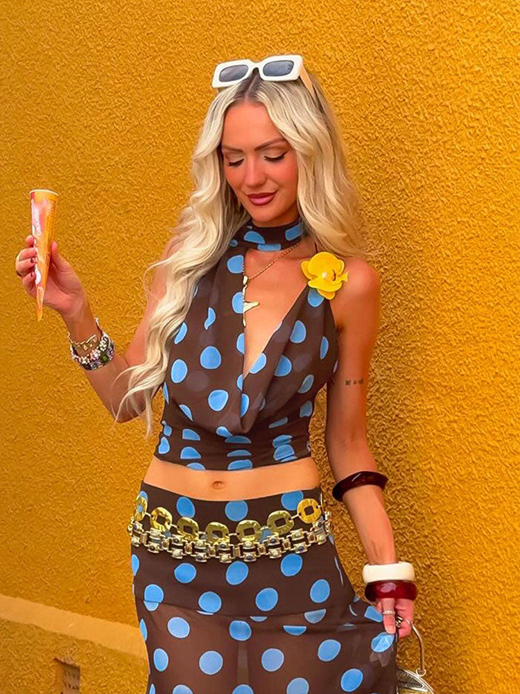 Polka Dot Cowl Neck Halter Top