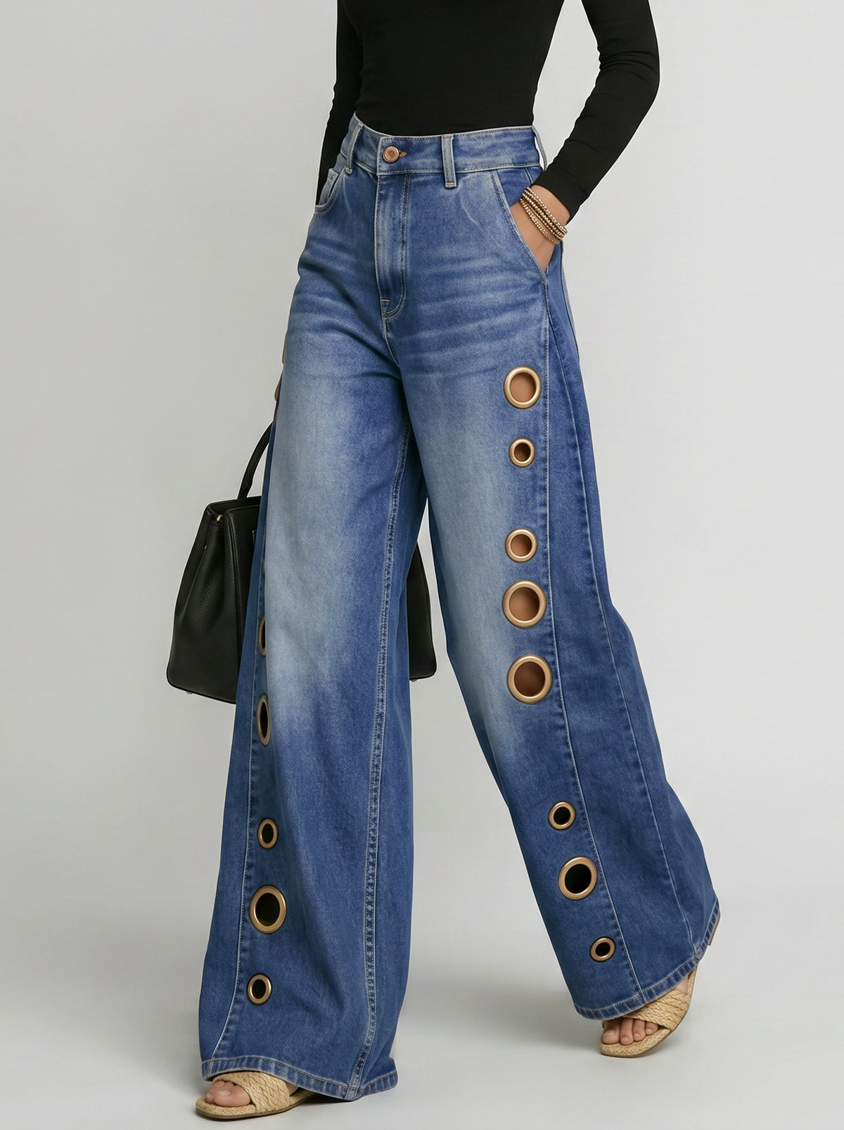 Eyelet Detail Wide Leg Jeans