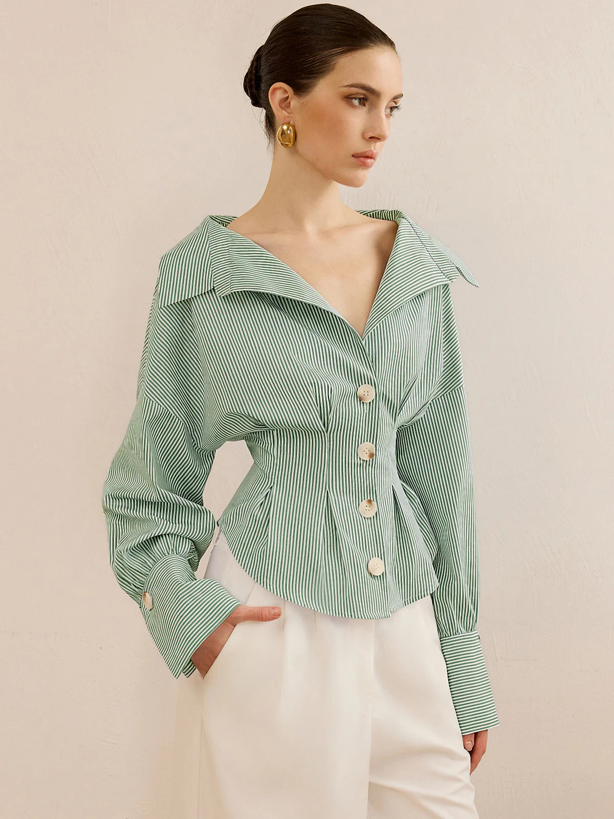 Fitted Waist Striped Button Down Shirt