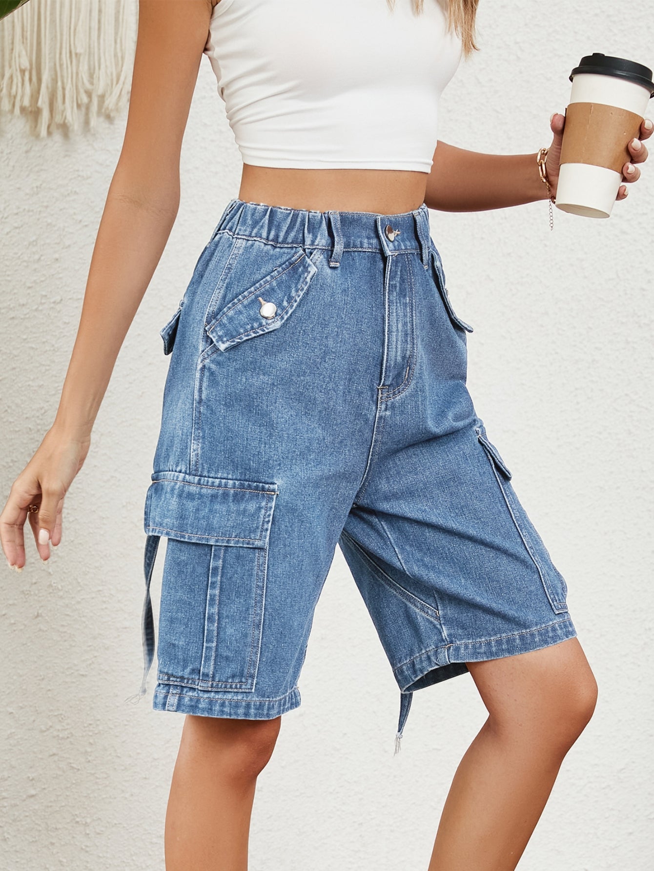 High Waisted Utility Denim Shorts