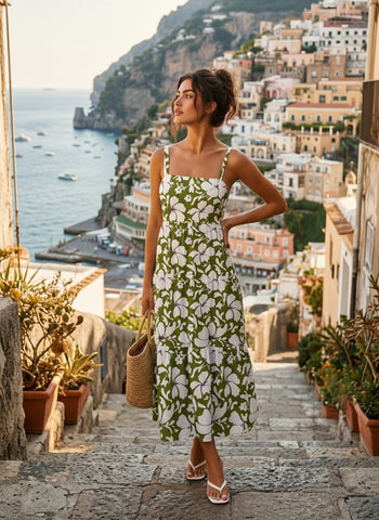 FLORA Floral Print Tiered Strap Midi Dress