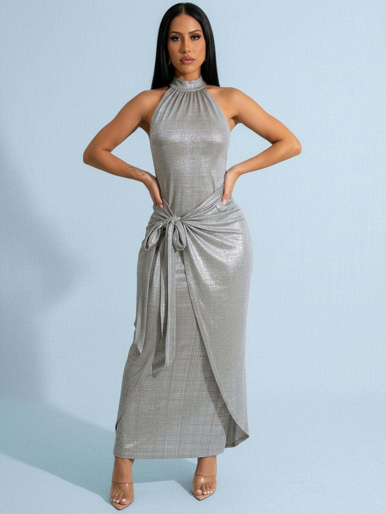 Haltered Neck Wrap Waist Glamorous Midi Dress