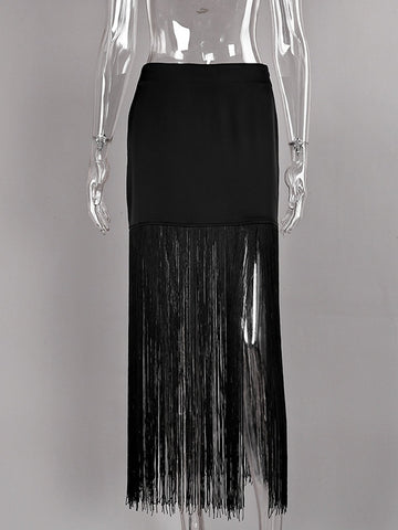 High Slit Fringed Maxi Skirt
