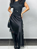 Elegant Lace Trim Satin Midi Skirt