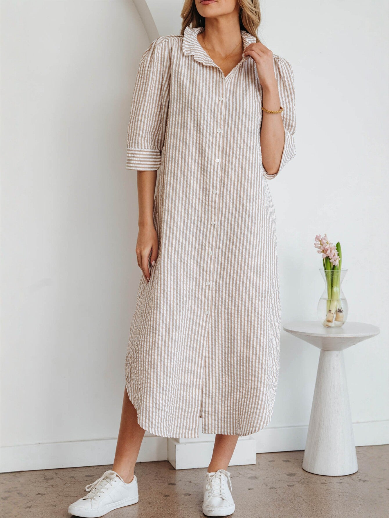 Striped Puff Sleeve Midi Dress