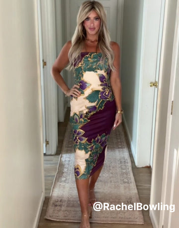 MAIA Baroque Floral Print Strapless Sheath Midi Dress
