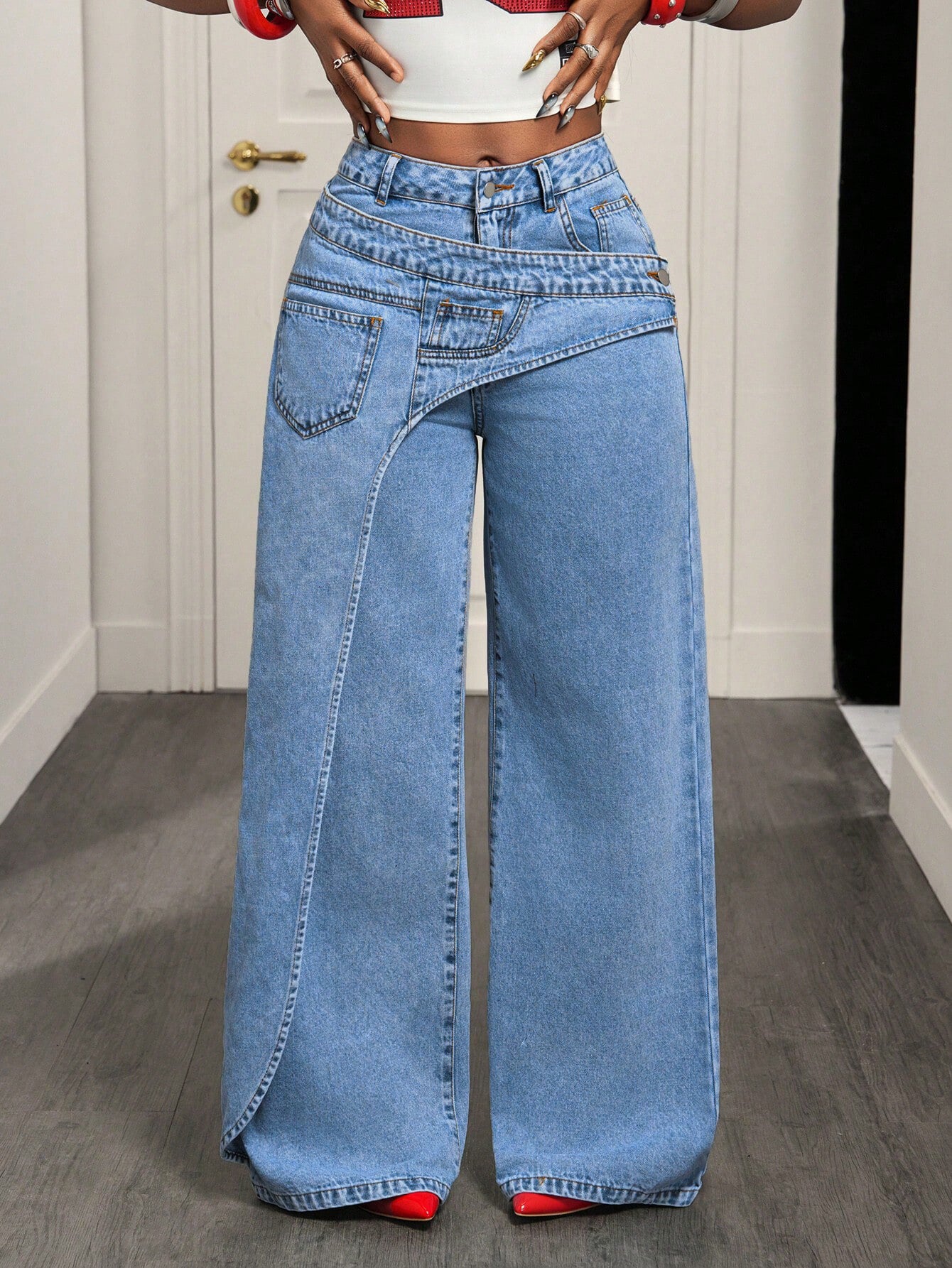 High Waisted Asymmetric Wide Leg Jeans