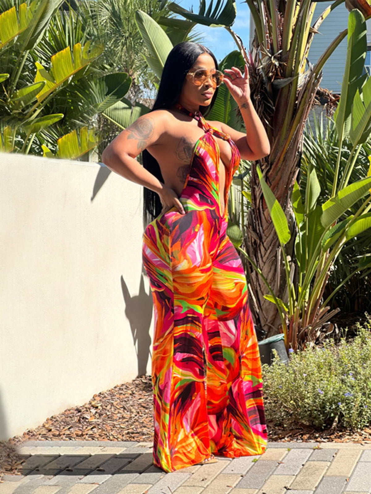 Sexy Halter Plunge Print Jumpsuit