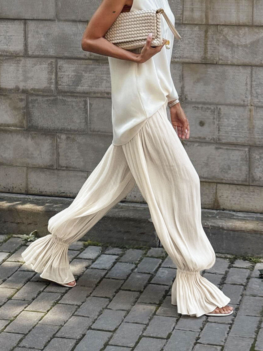 Flowy Pleated Elastic Waist Casual Pants