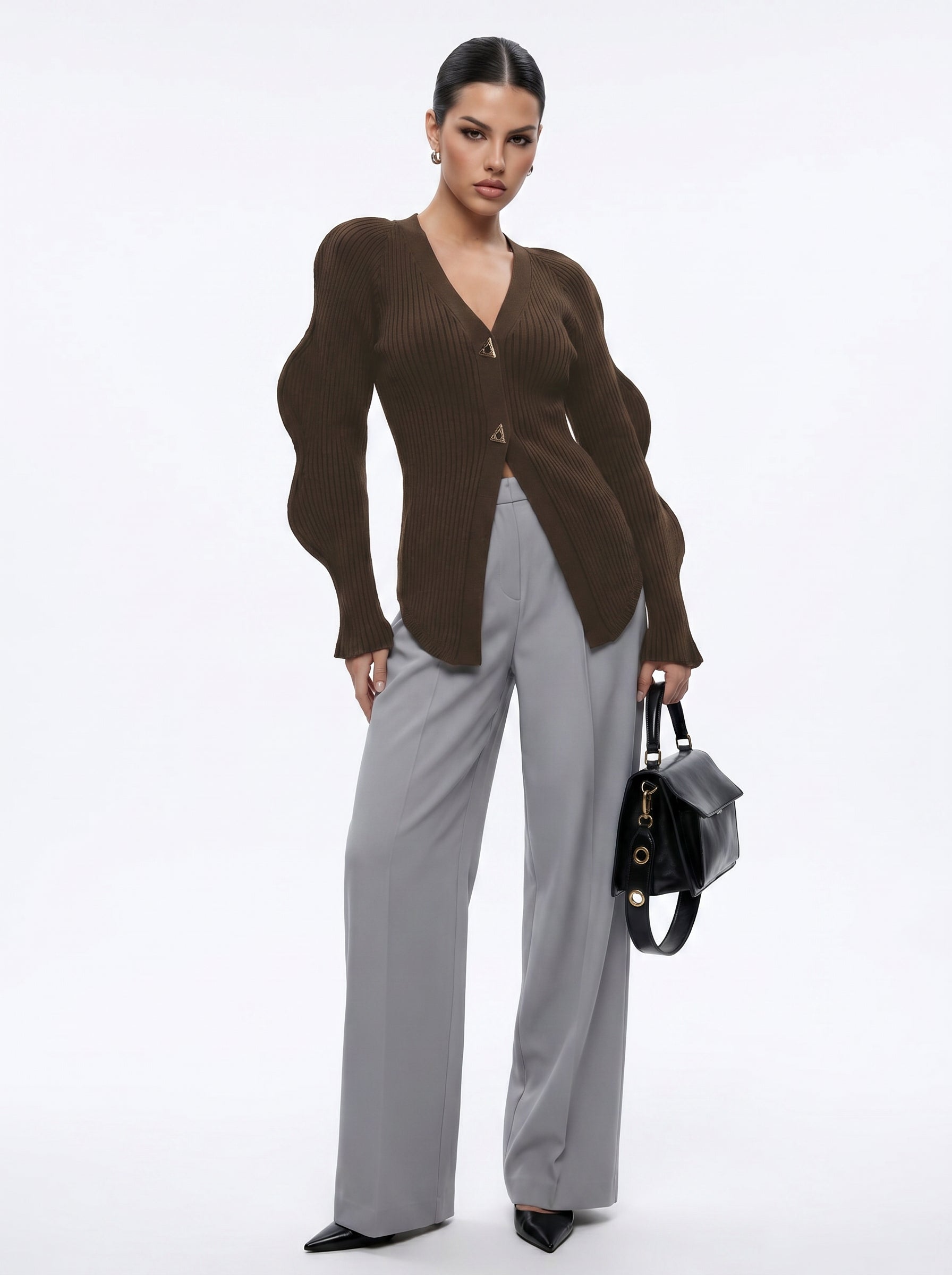 Sculptural Sleeve V Neck Cardigan