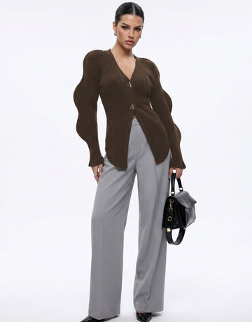 Sculptural Sleeve V Neck Cardigan
