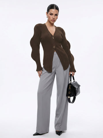Sculptural Sleeve V Neck Cardigan