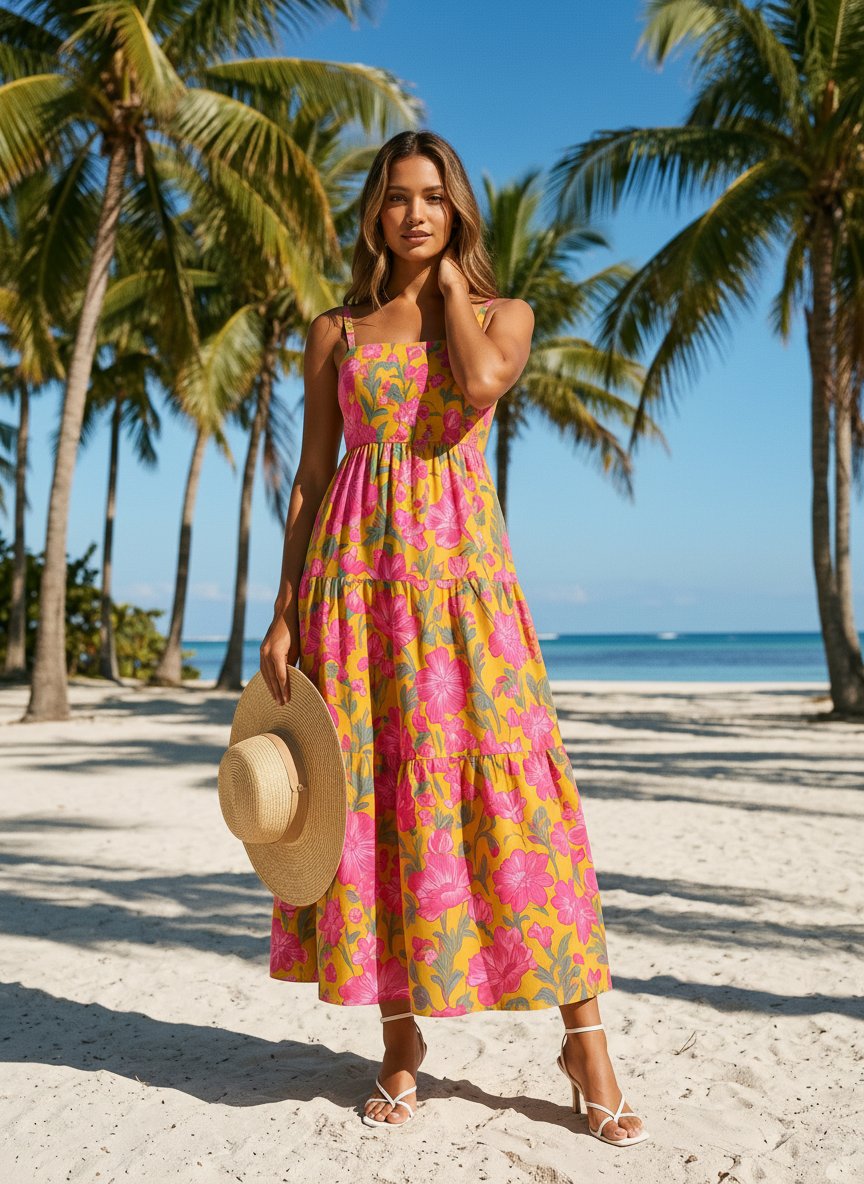 FLORA Floral Print Tiered Strap Midi Dress