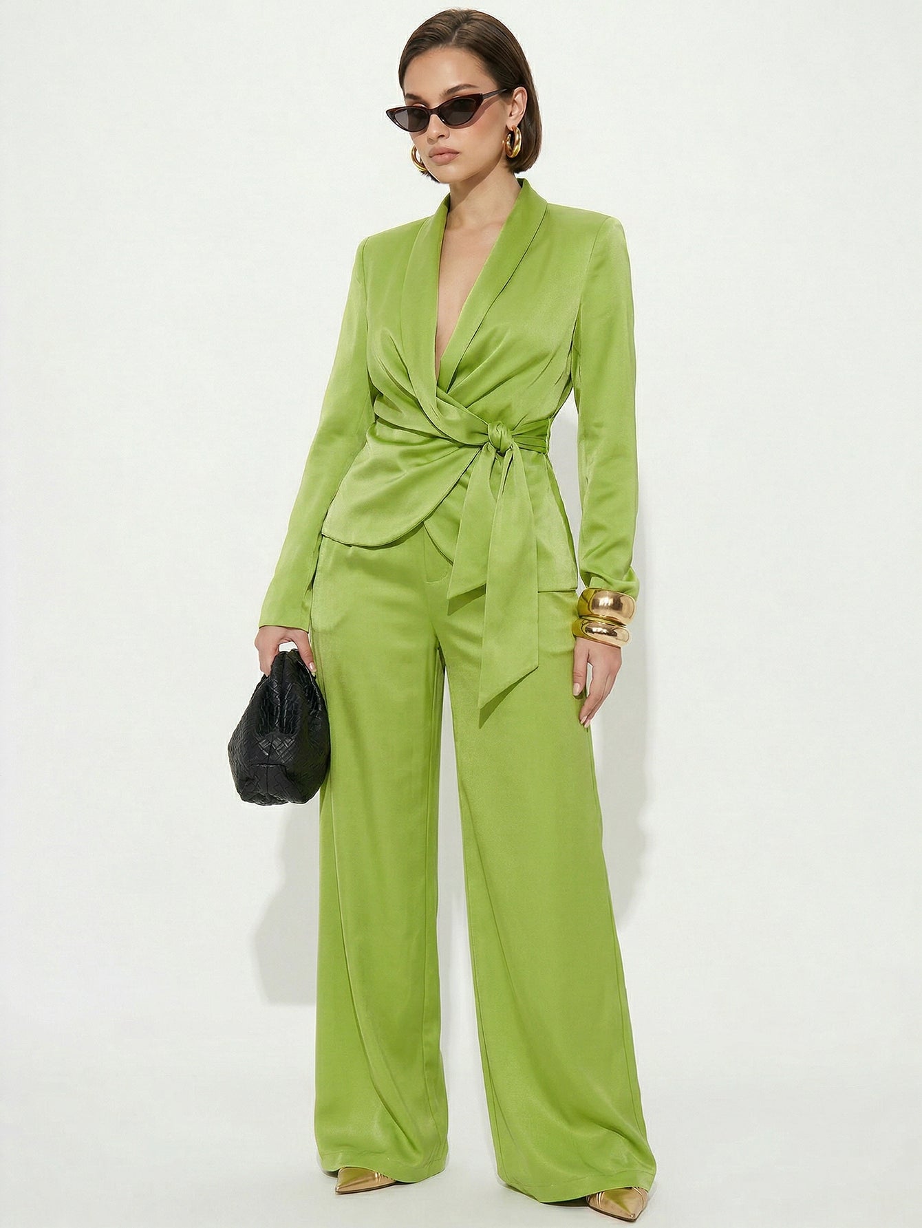 Tie Front Wide Leg Elegant Pant Set