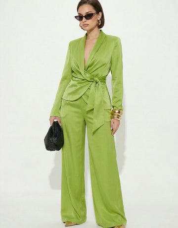 Tie Front Wide Leg Elegant Pant Set