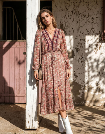 Long Sleeve Floral Print Midi Dress