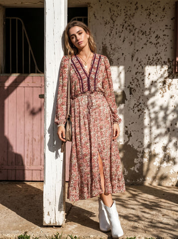 Long Sleeve Floral Print Midi Dress