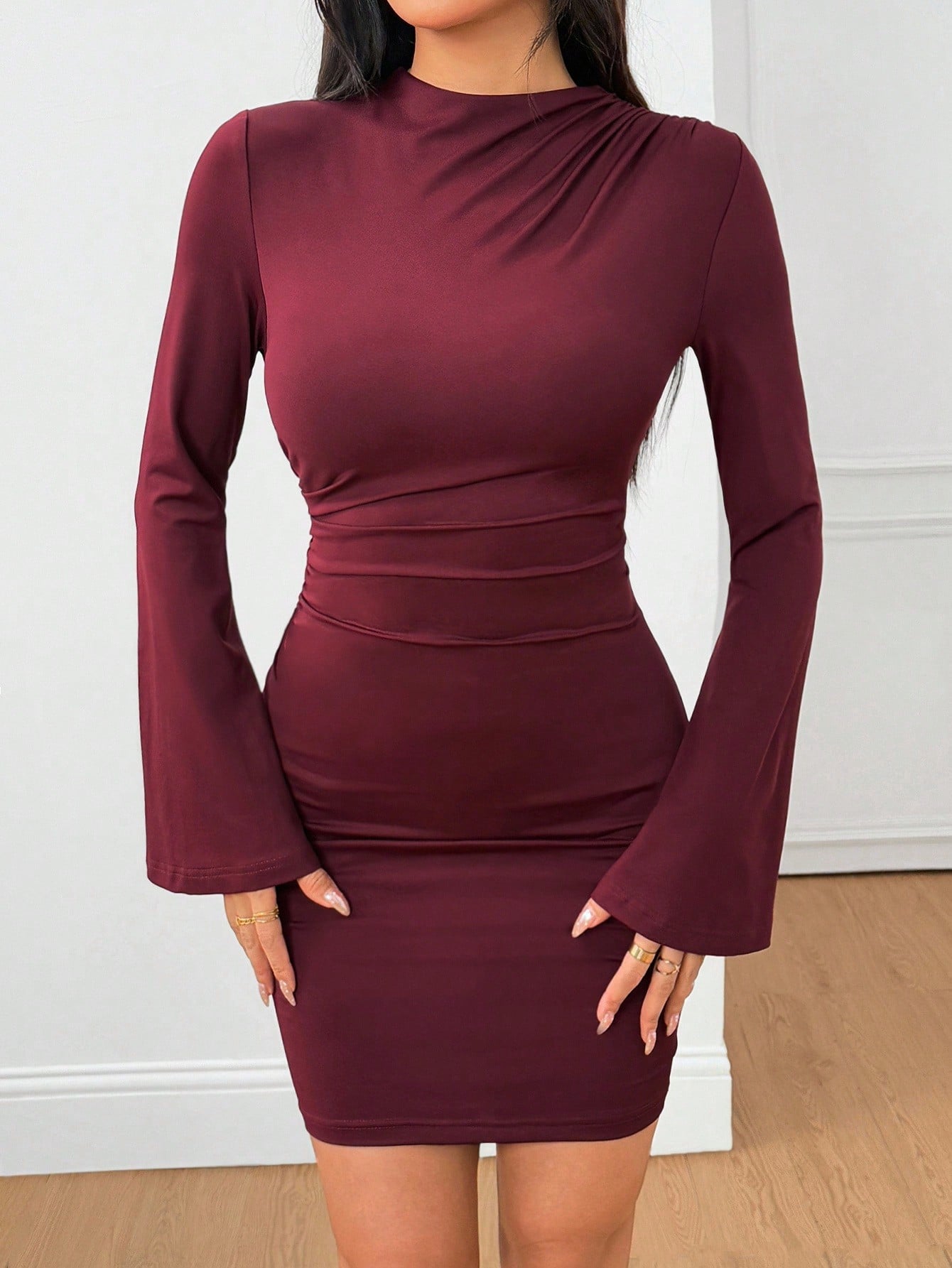 Ruched Bell Sleeve Bodycon Dress