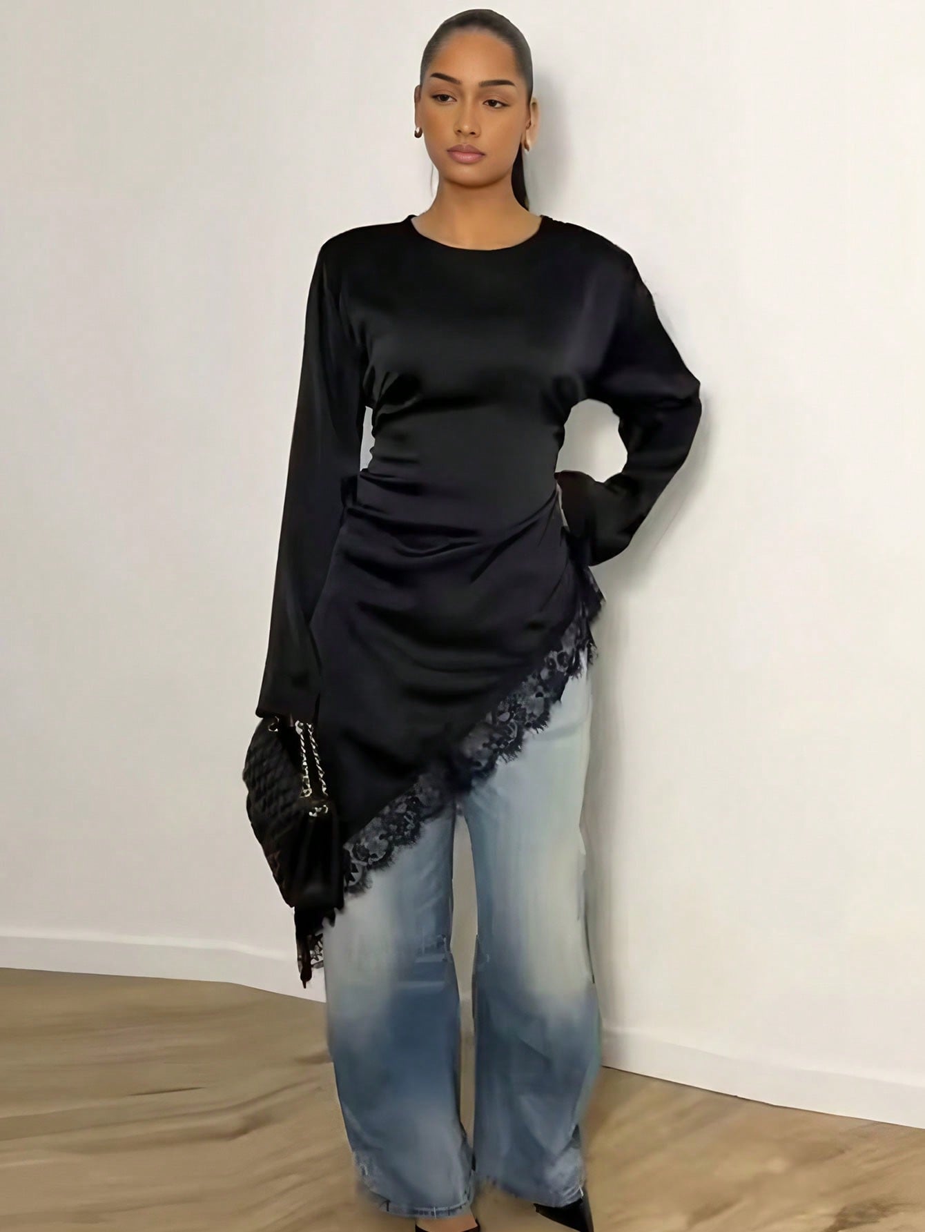 Asymmetric Lace Trim Long Sleeve Dress