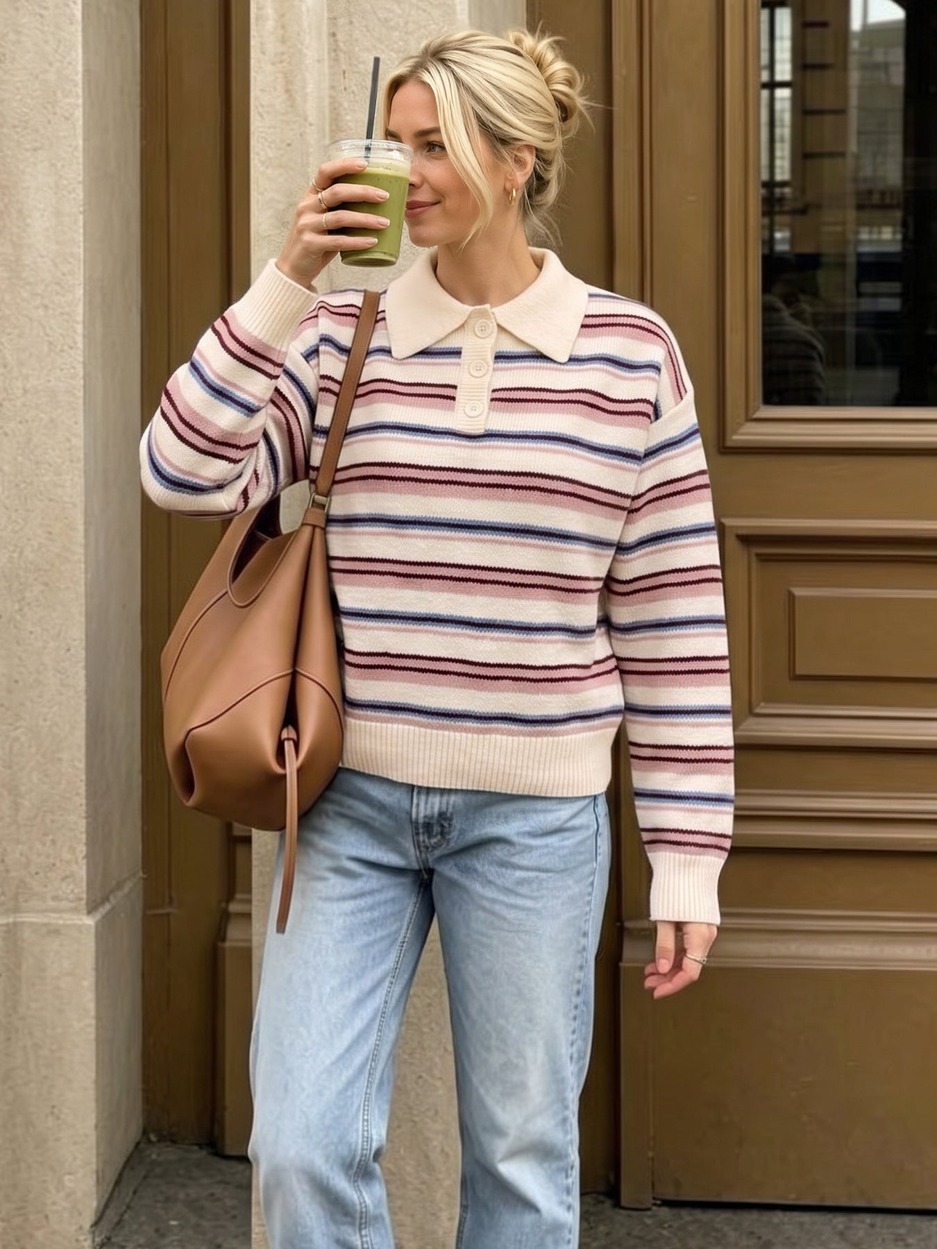 Cozy Striped Collared Knit Sweater