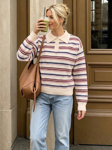 Cozy Striped Collared Knit Sweater