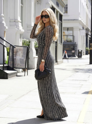Printed Mesh Slit Maxi Dress