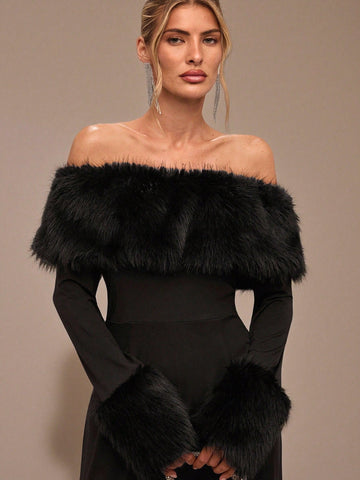 Faux Fur Off Shoulder Jumpsuit