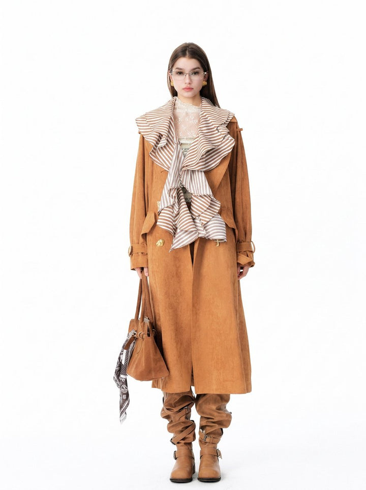 Ruffled Suede Trench Coat