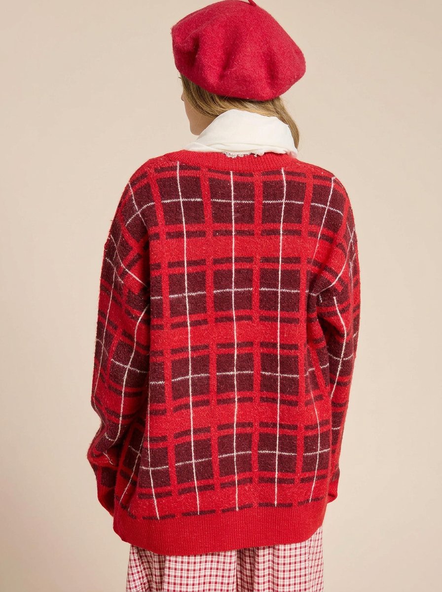 Cozy Plaid Knit Tie Cardigan