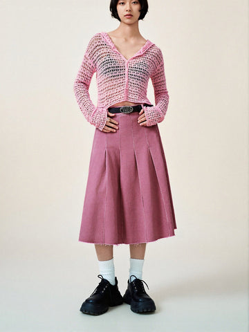 Urban Revivo Pleated Midi Denim Skirt-Cold Pink