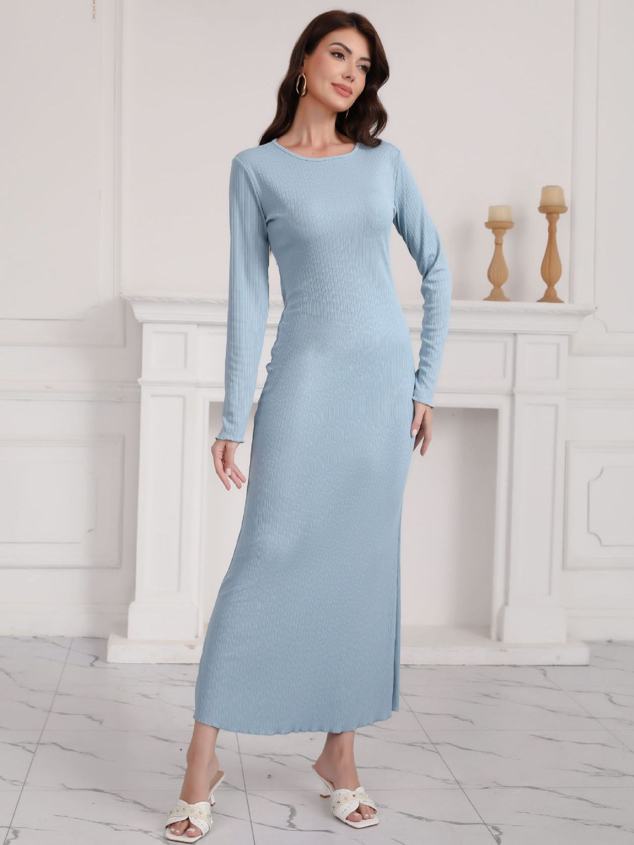 Round Neck Long Sleeve Bodycon Daily Maxi Dress