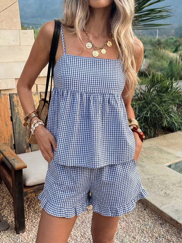 Gingham Peplum Ruffle Short Set