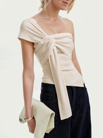 Asymmetric Knot One-Shoulder Fashion T-Shirt