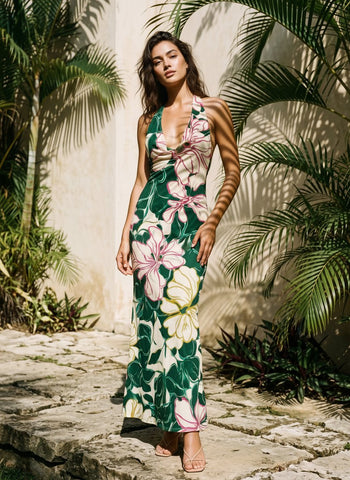 LILA Floral Print Cowl Neck Bodycon Midi Dress