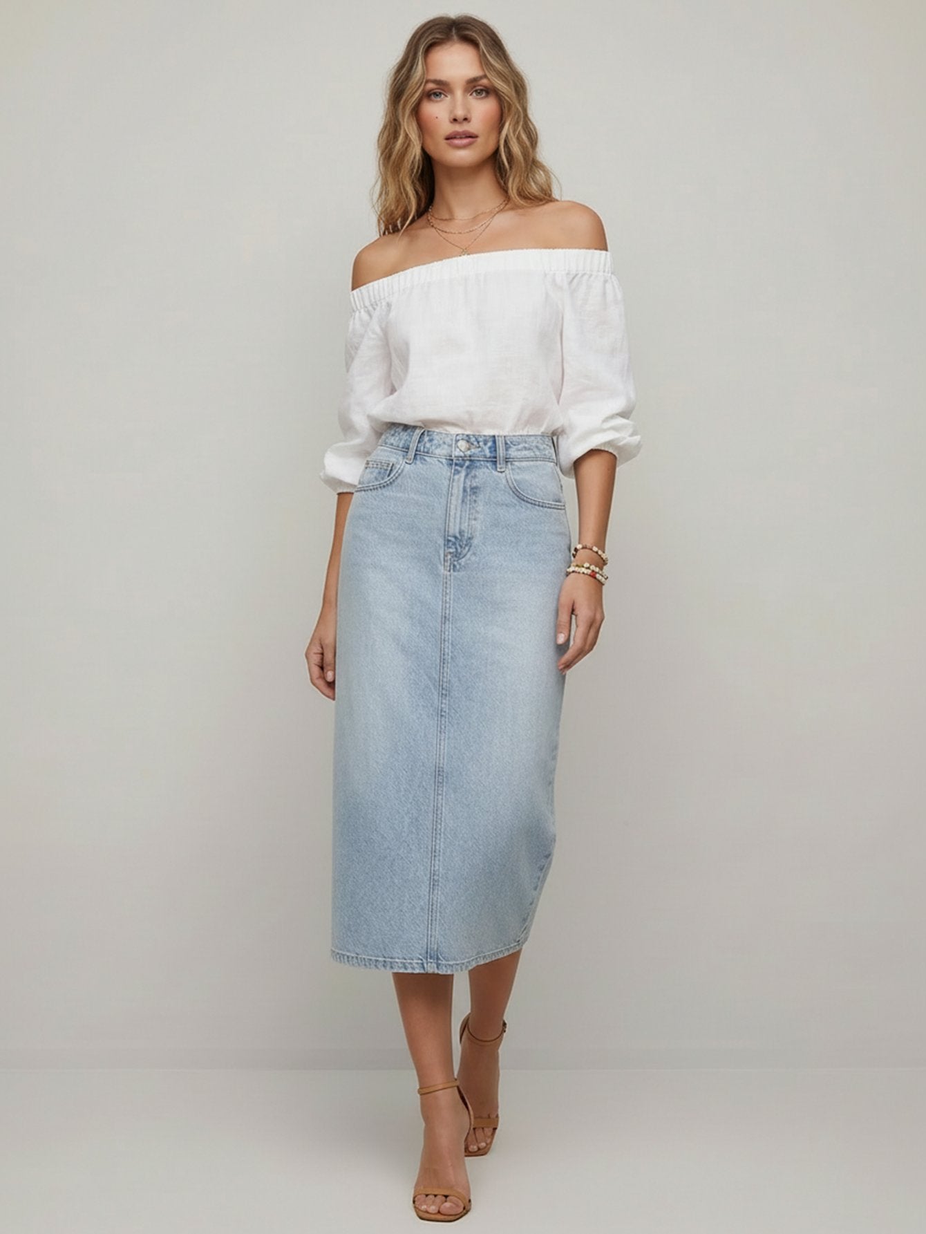 Cotton Denim Midi Skirt