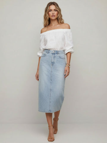 Cotton Denim Midi Skirt