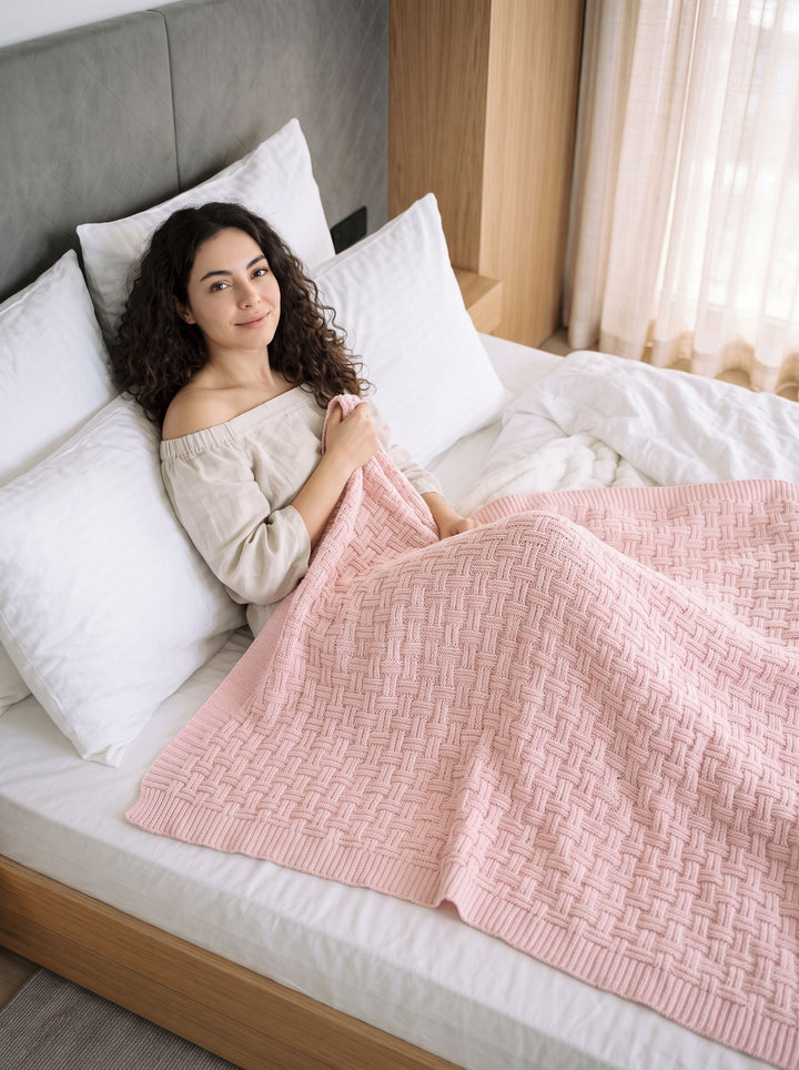 Soft Textured Pink Knit Throw Blanket