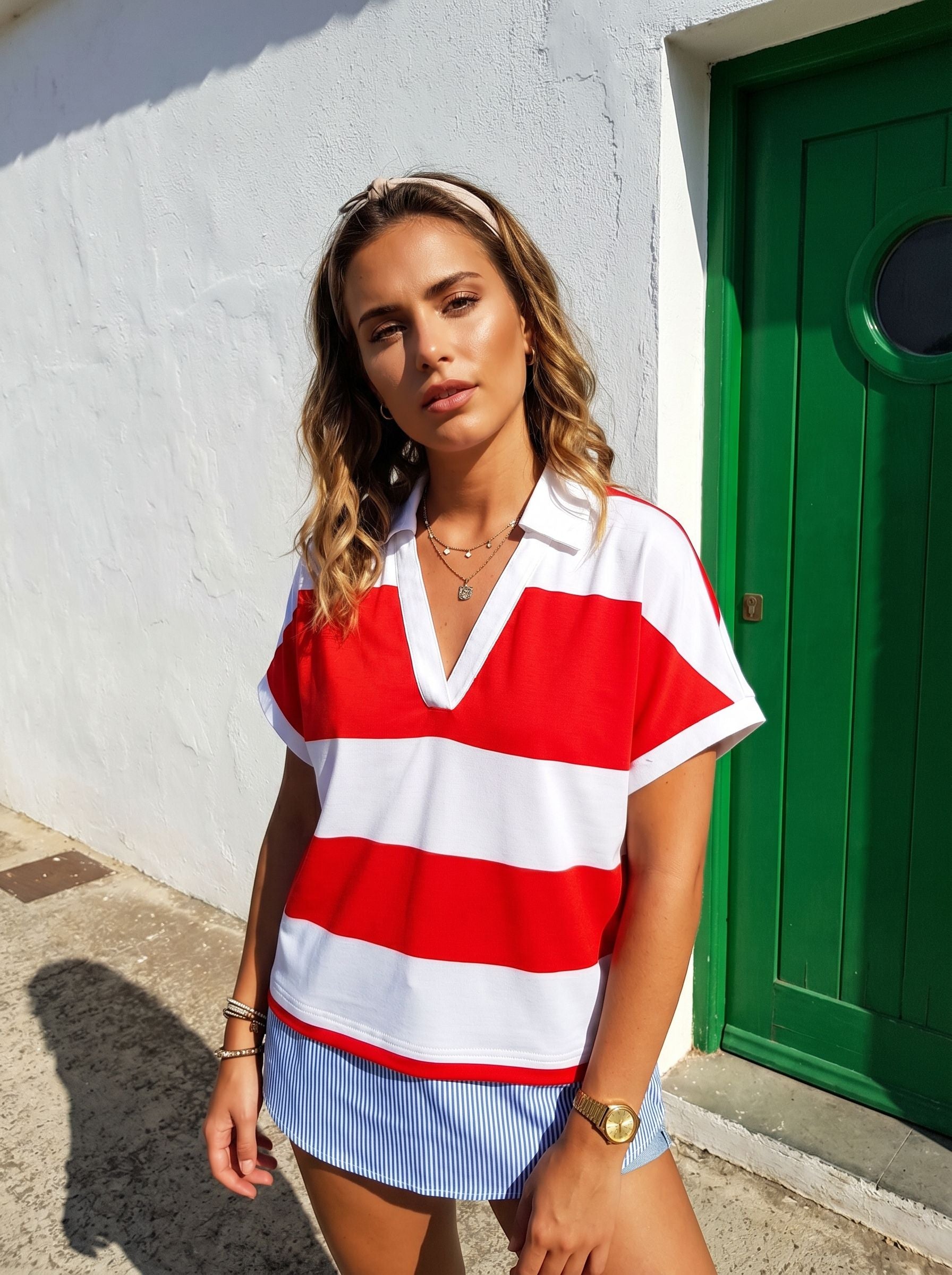 Red White Stripe V Neck T-Shirt