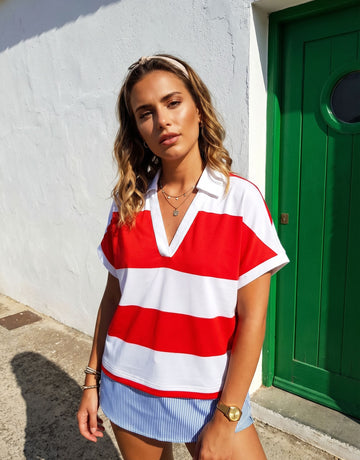 Red White Stripe V Neck T-Shirt